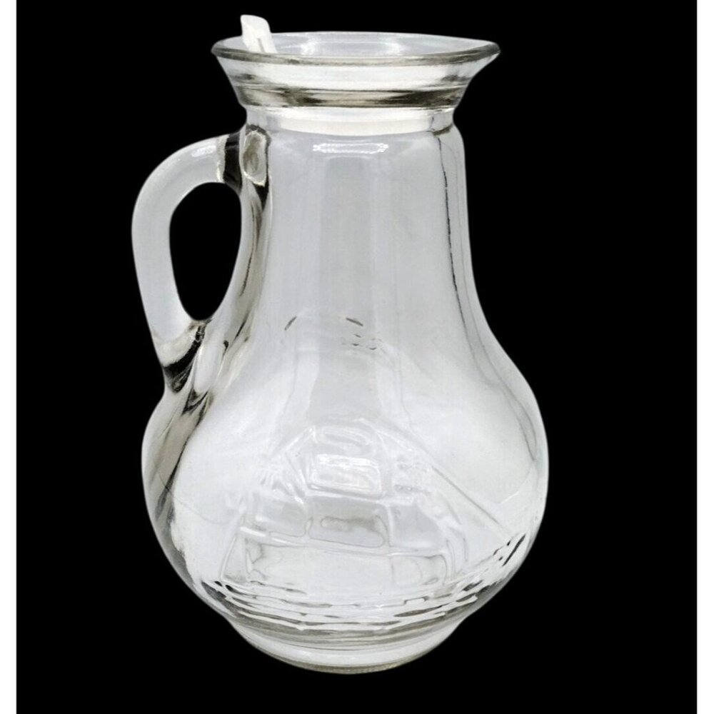 Glass Cruet Pitcher Sail Clipper Ship Original Lid Vintage 26 Ounce Apothecary